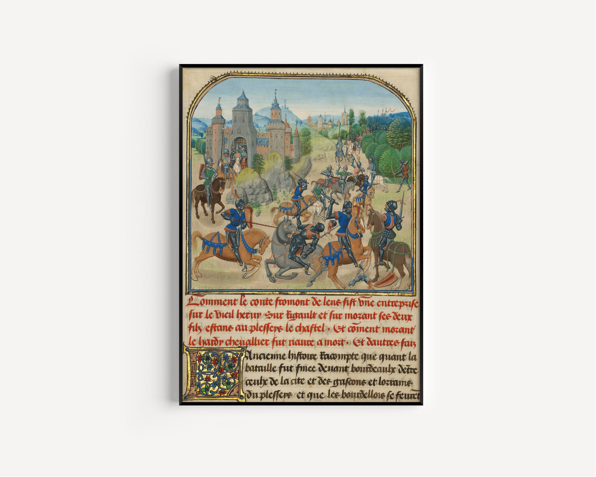 Loyset Liédet and Pol Fruit — Fromont de Lens Leaving Bordeaux and the Battle against the Army of Gasgogne | Illuminated Manuscript Print