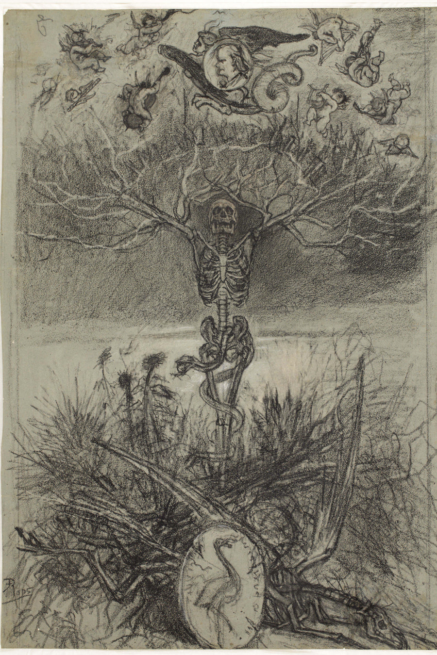 Félicien Rops — Frontispice des Épaves de Charles Baudelaire (final drawing) | Art Print shown to scale on a wall above a sofa