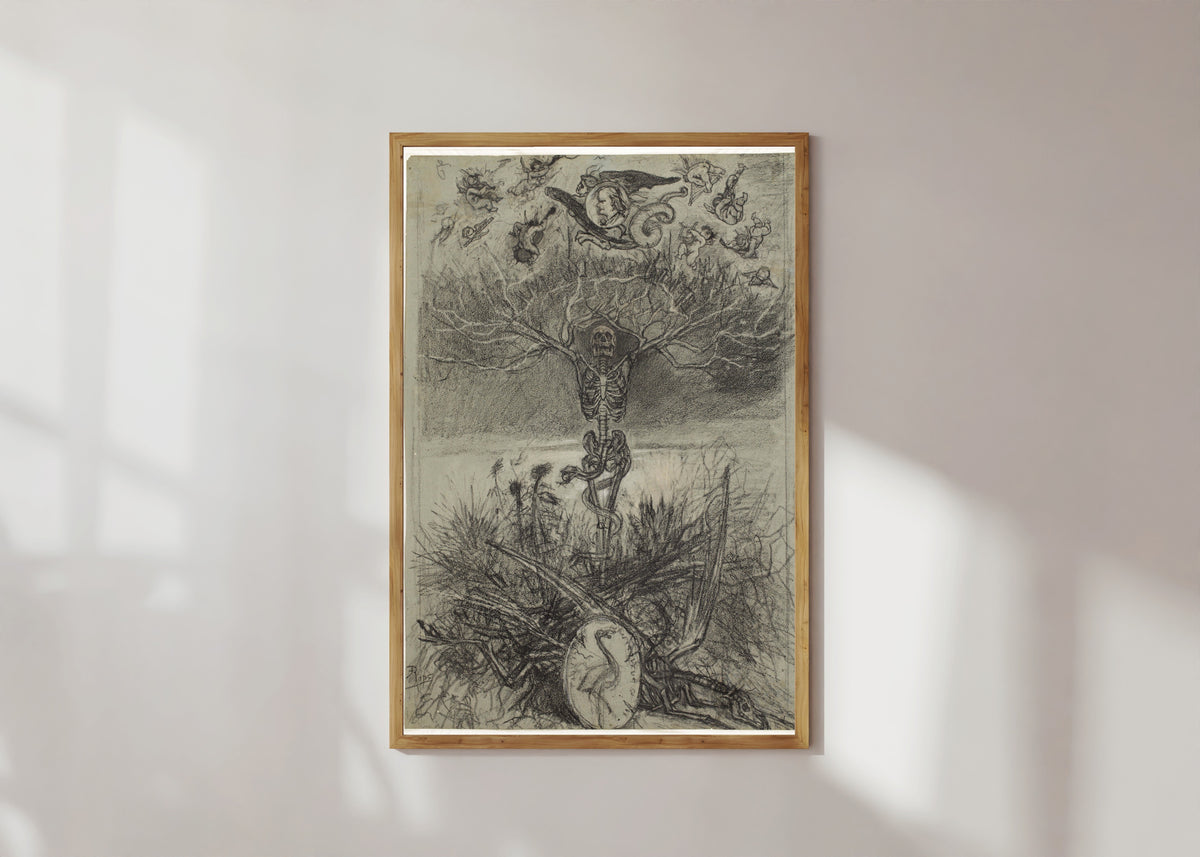 Framed art print of Frontispice des Épaves de Charles Baudelaire (final drawing) by Félicien Rops, in a light wood frame on a sunlit white wall