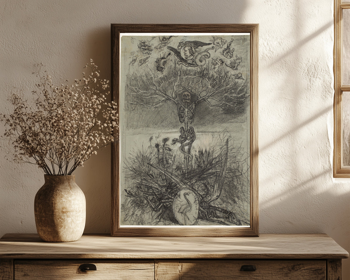 Framed art print of Frontispice des Épaves de Charles Baudelaire… by Félicien Rops, in a dark wood frame leaning on a rustic console beside dried flowers
