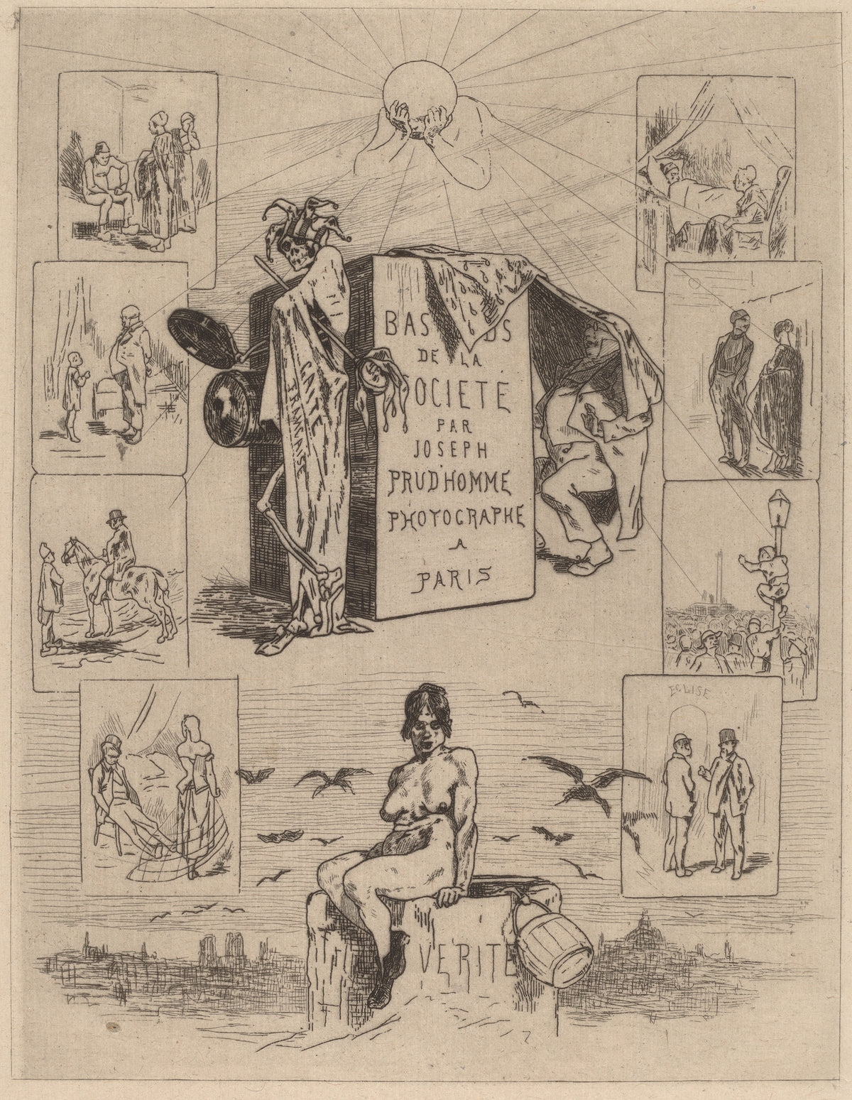 Frontispiece: The Dregs of Society (Les bas-fonds de la société) by Félicien Rops — A skeleton jester leans on a box camera, ringed by street scenes