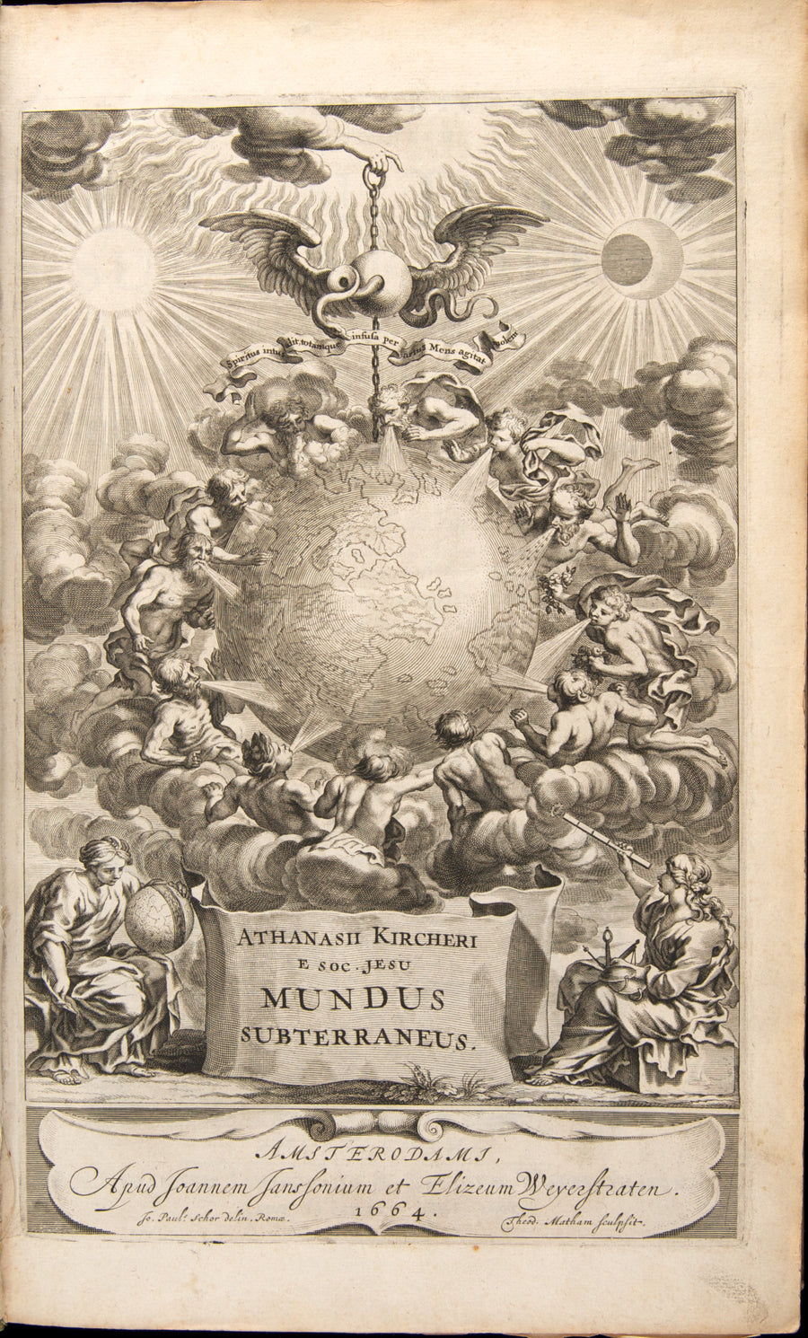 Athanasius Kircher — Frontispiece of Mundus Subterraneus, Volume 1 | Alchemical Engraving Print shown to scale on a wall above a sofa