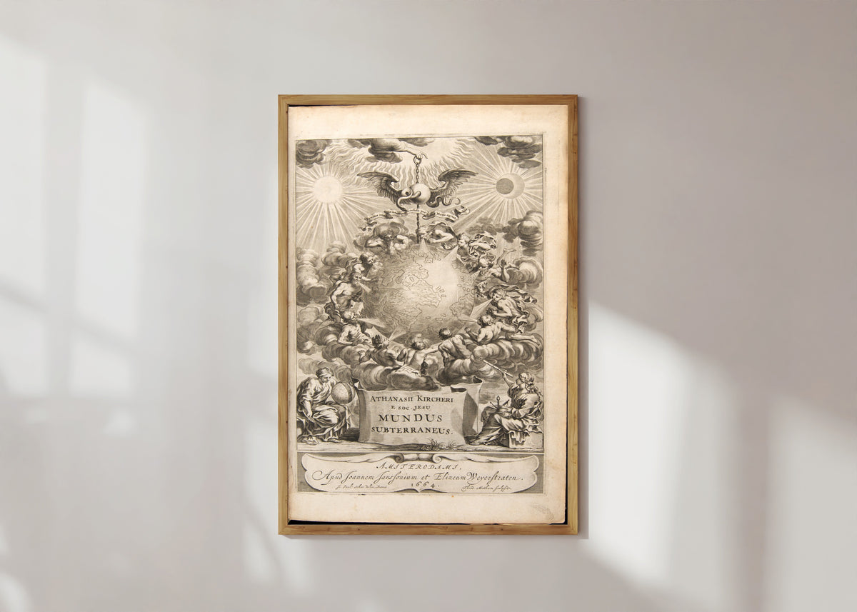 Framed art print of Frontispiece of Mundus Subterraneus, Volume 1 by Athanasius Kircher, in a light wood frame on a sunlit white wall