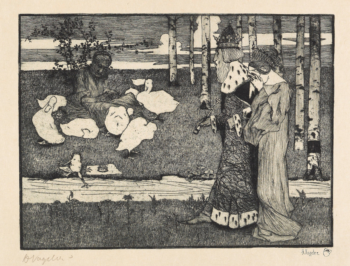Froschkönig by Heinrich Vogeler — A crowned king and a veiled woman pass a frog and a flock of geese