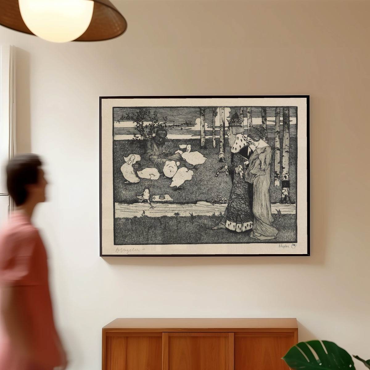 Framed art print of Froschkönig by Heinrich Vogeler, in a slim black frame on a warm wall in a sunlit room