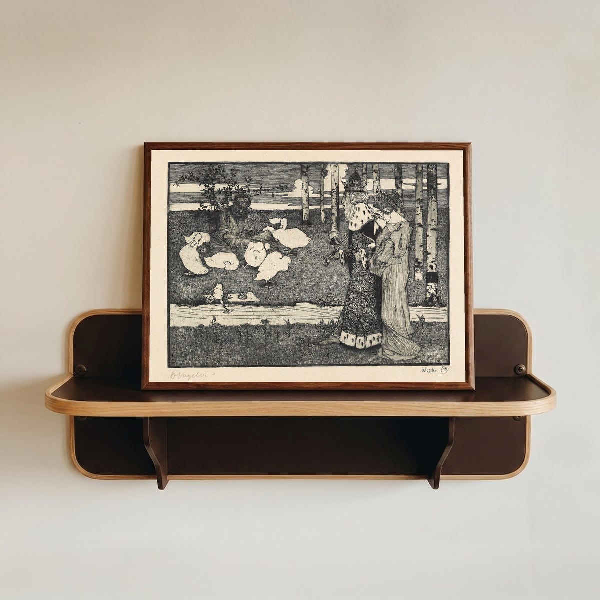 Framed art print of Froschkönig by Heinrich Vogeler, in a dark wood frame resting on a wall shelf