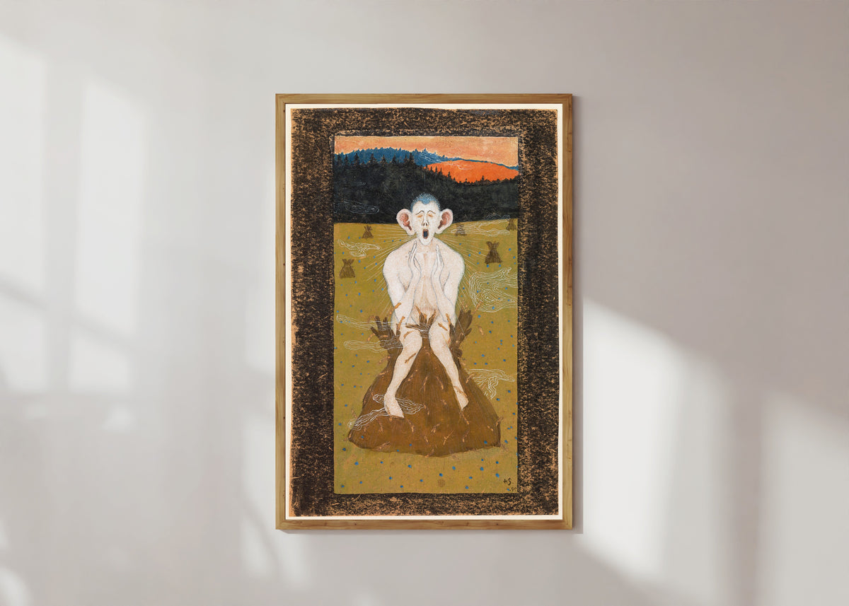 Framed art print of Frost by Hugo Simberg, in a light wood frame on a sunlit white wall