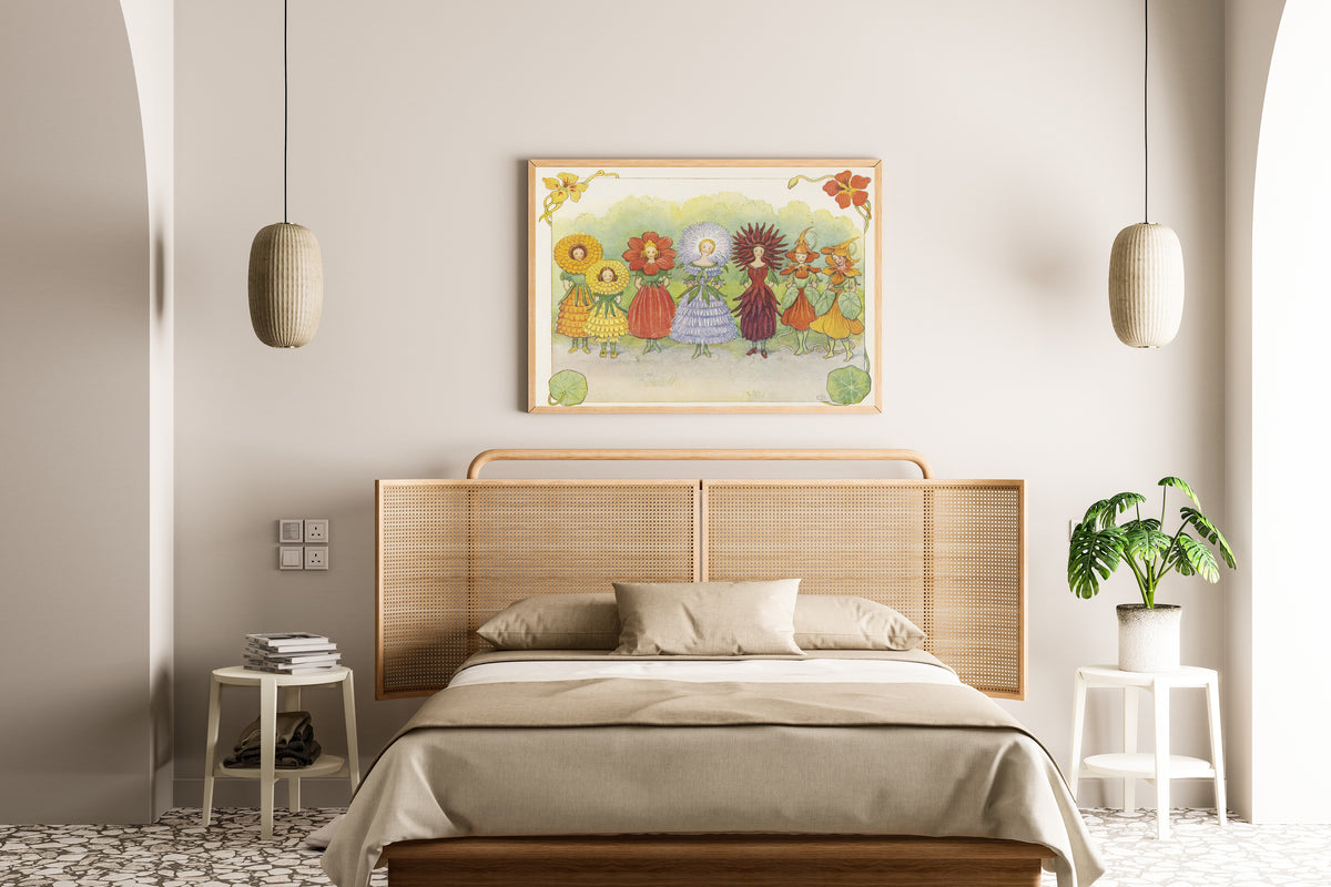 Framed art print of Fru Aster, Fru Dalia and the Garden Flowers by Elsa Beskow, above a cane-headboard bed