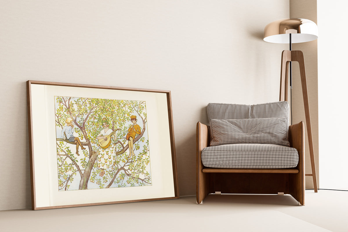 Framed art print of Fru Astrakan, September and Lasse in the Apple Tree by Elsa Beskow, leaning against a wall beside an armchair and a floor lamp