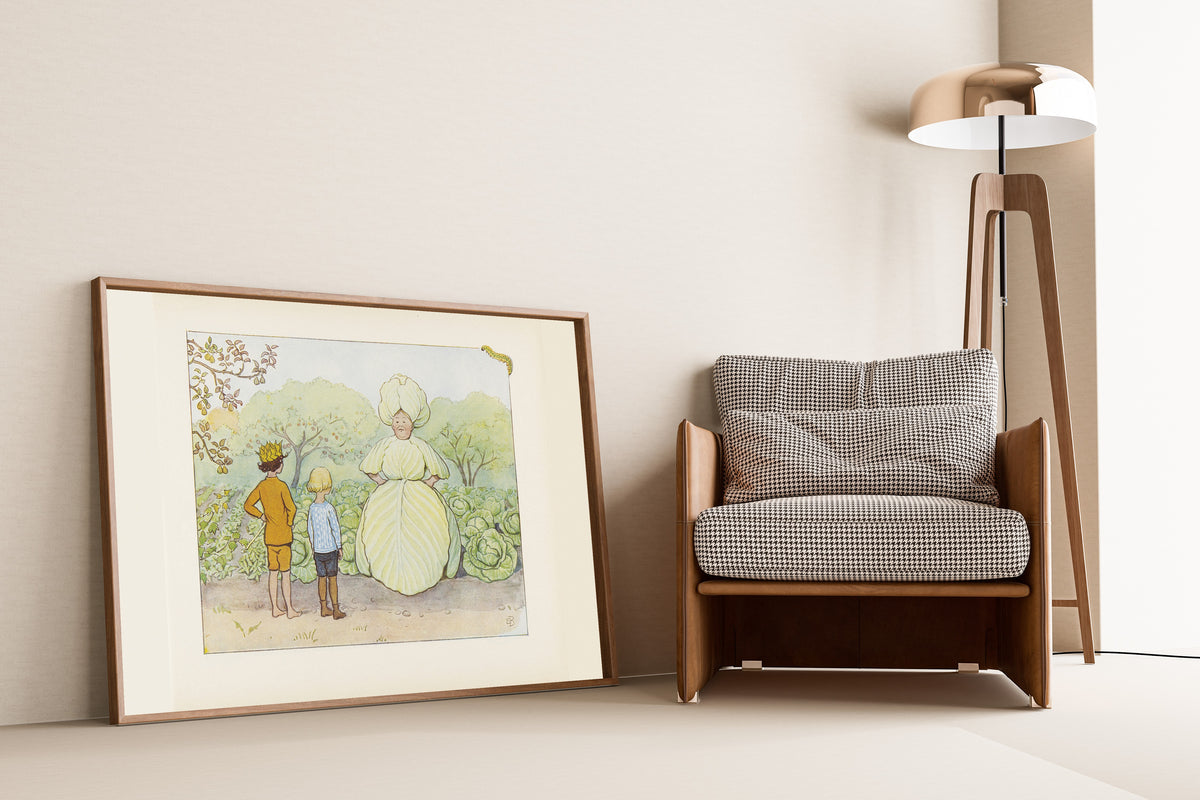 Framed art print of Fru Kålhuvud, September and Lasse by Elsa Beskow, leaning against a wall beside an armchair and a floor lamp