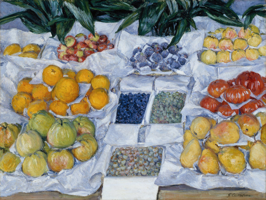 Gustave Caillebotte — Fruit Displayed on a Stand | Fine Art Print shown to scale on a wall above a sofa