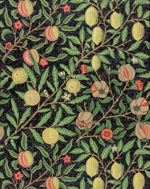 Fruit by William Morris — Lemons and split pomegranates hang from branches on black