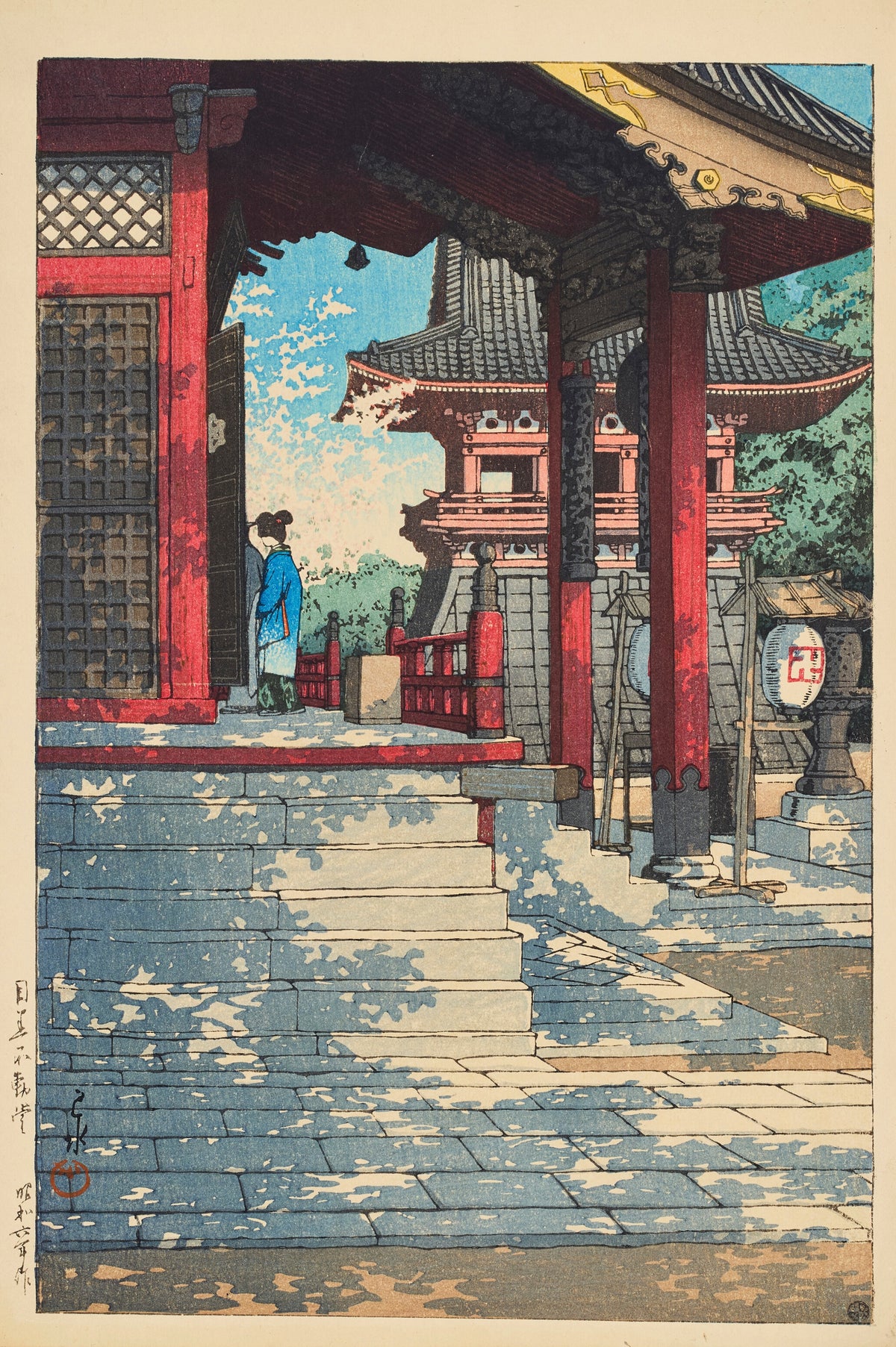 Fudo Hall in Meguro by Kawase Hasui — A woman in blue at a temple door among red pillars