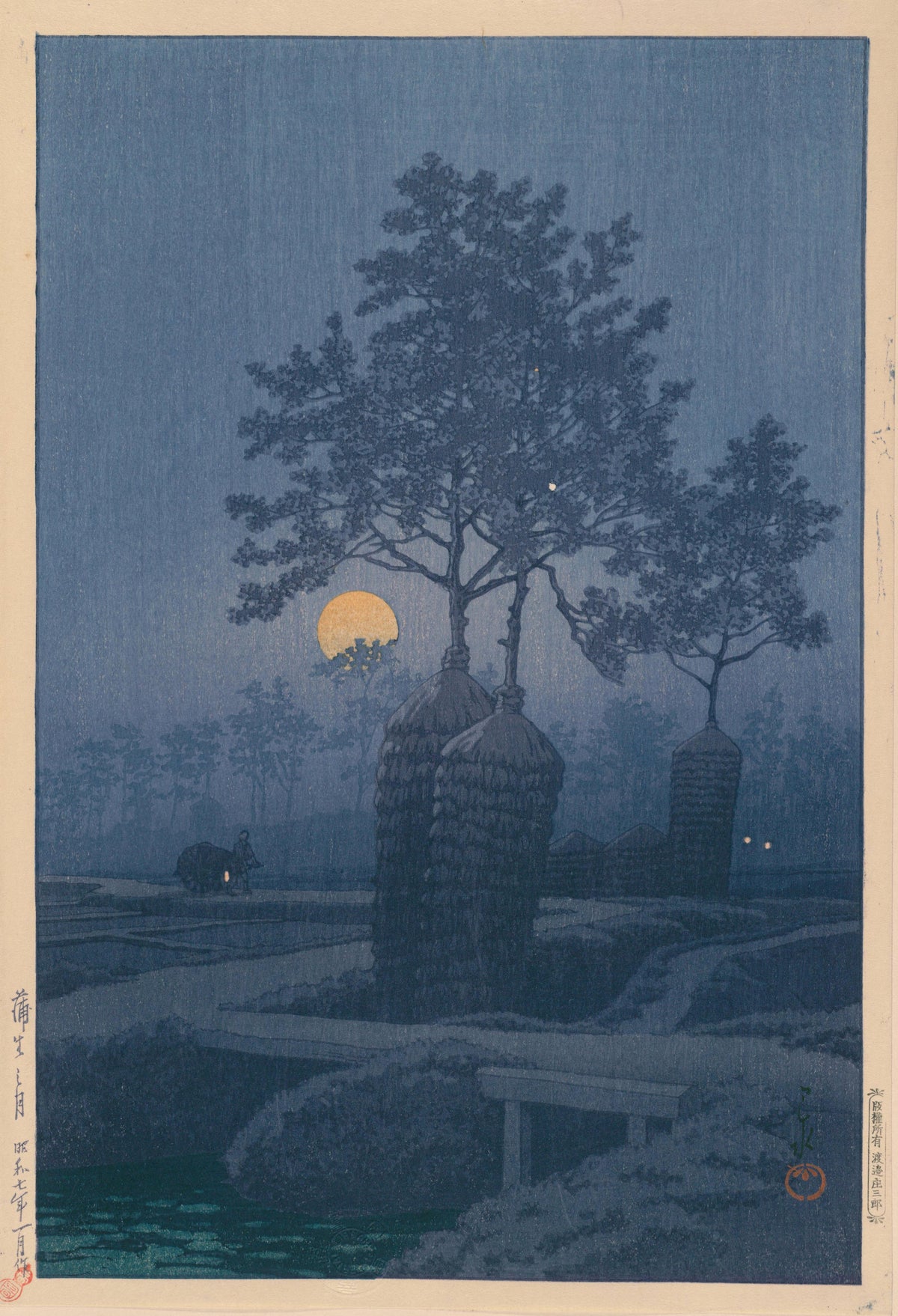 Full Moon at Gamo by Kawase Hasui — An orange full moon behind tall trees in a blue haze