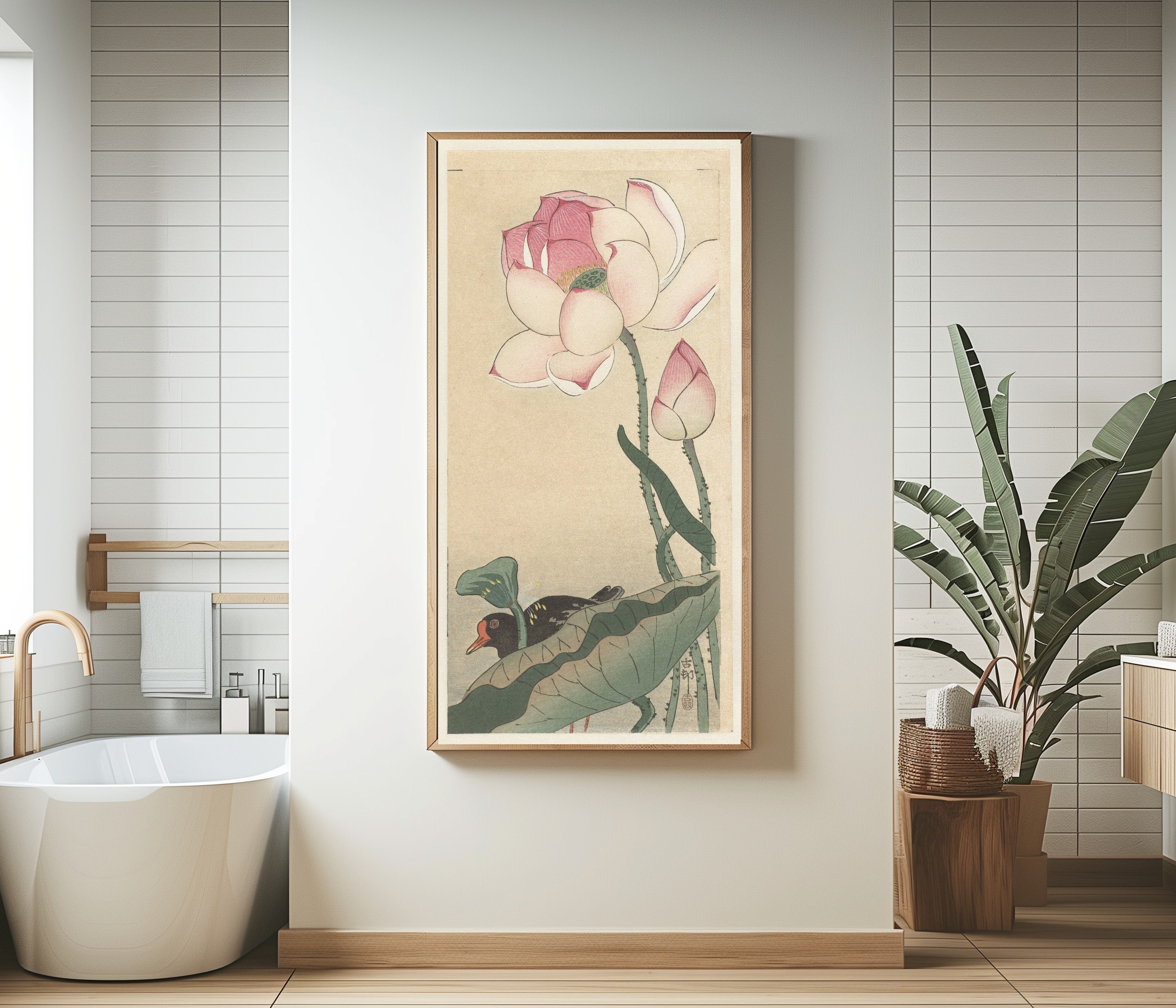 Ohara Koson — Gallinule with Lotus Flowers | Japanese Bird & Flower Woodblock Print