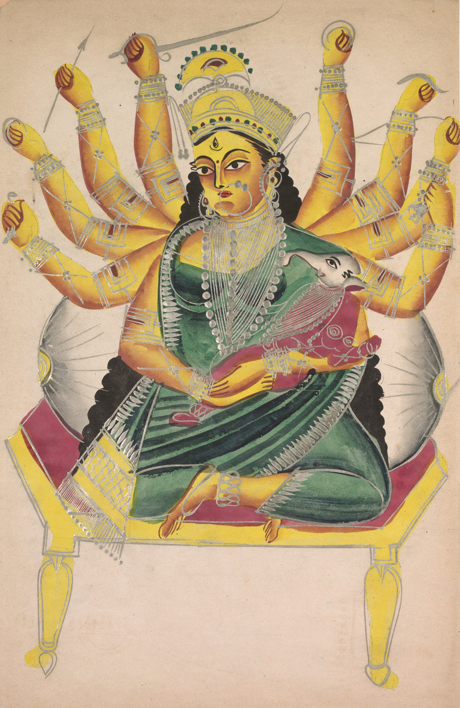 Kalighat painter — Ganesha-Janani (Mother of Ganesh) | Kalighat Painting Print shown to scale on a wall above a sofa