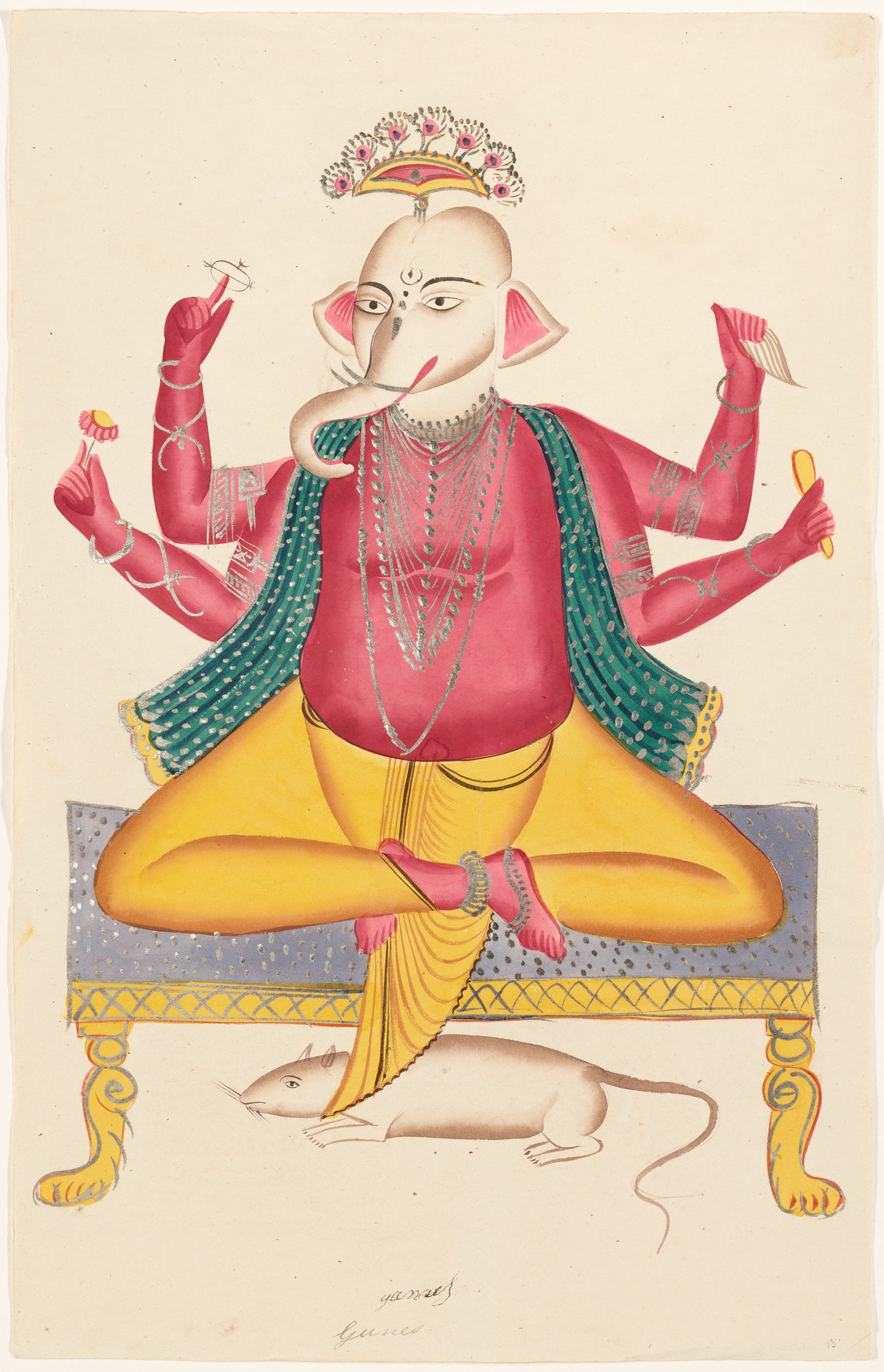 Kalighat painter — Ganesha Seated on Stool and Rat Mount | Kalighat Painting Print