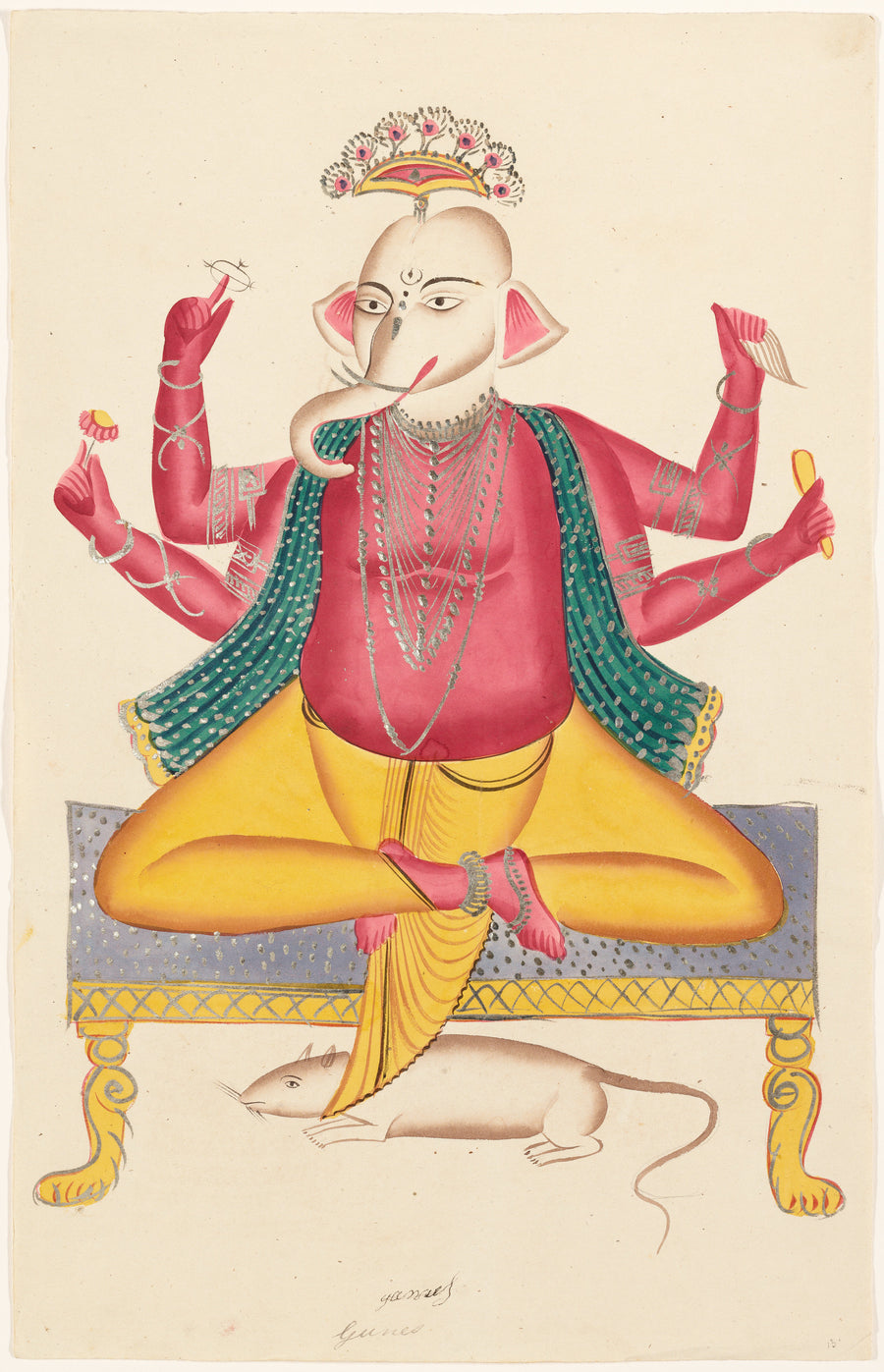 Kalighat painter — Ganesha Seated on Stool and Rat Mount | Kalighat Painting Print shown to scale on a wall above a sofa
