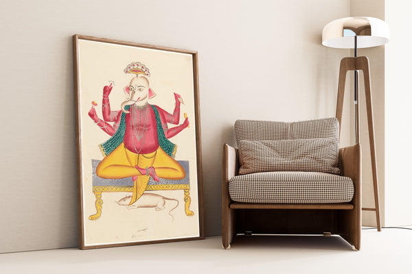 Kalighat painter — Ganesha Seated on Stool and Rat Mount | Kalighat Painting Print