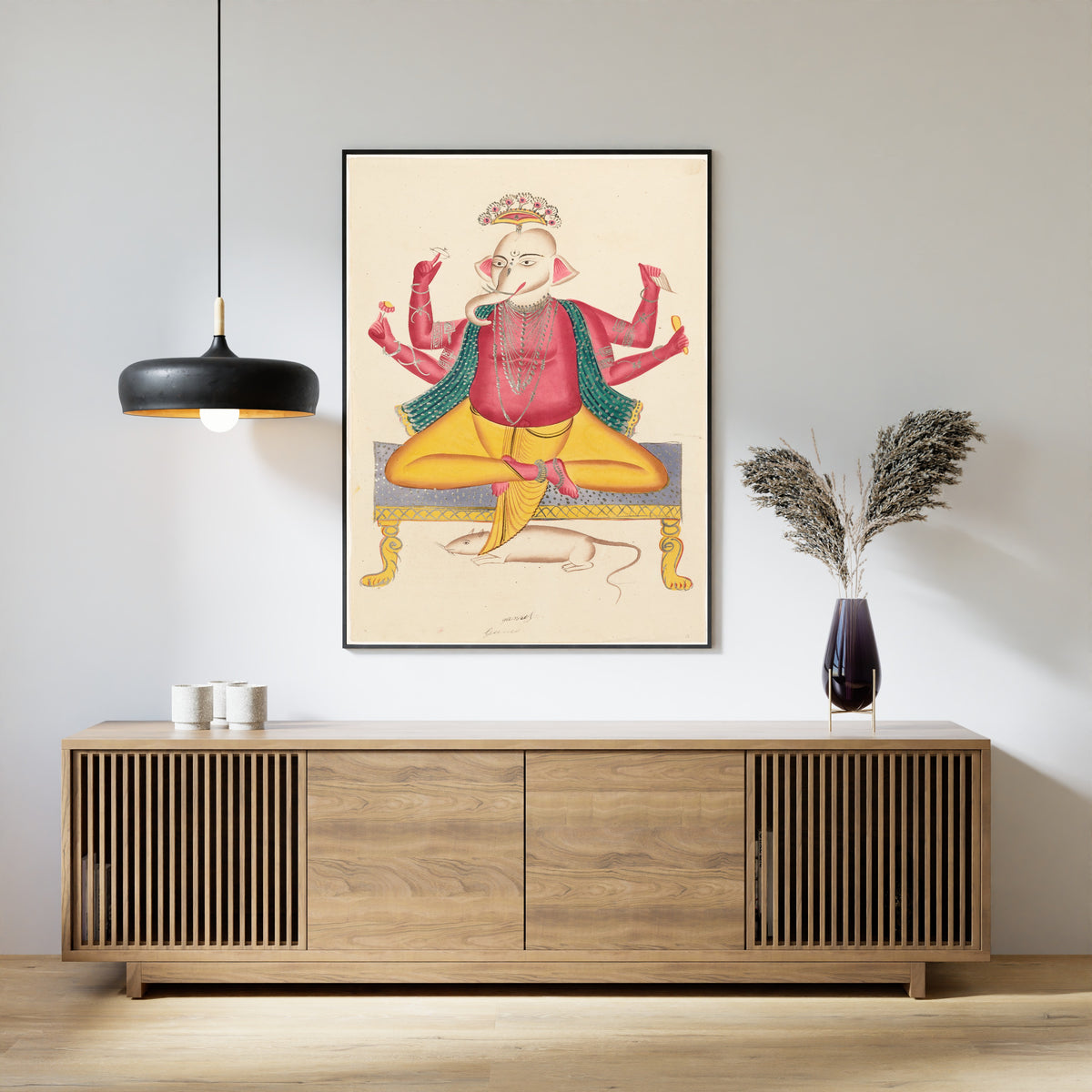 Kalighat painter — Ganesha Seated on Stool and Rat Mount | Kalighat Painting Print