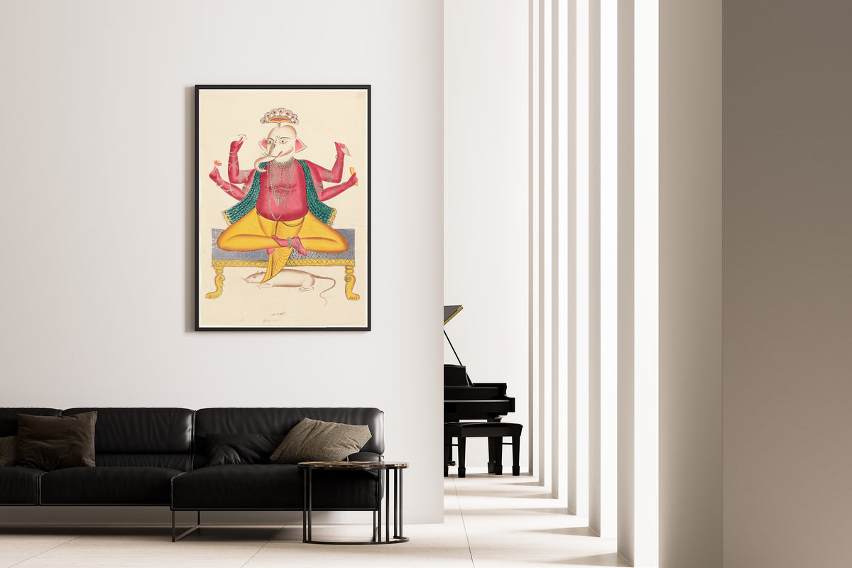Kalighat painter — Ganesha Seated on Stool and Rat Mount | Kalighat Painting Print