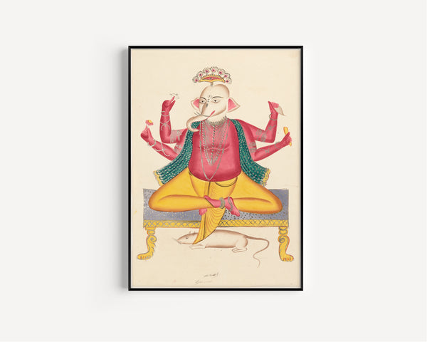 Kalighat painter — Ganesha Seated on Stool and Rat Mount | Kalighat Painting Print