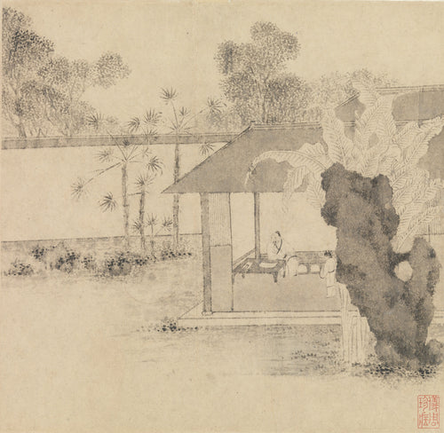 Garden of the Inept Administrator (Album Leaf) by Wen Zhengming — A scholar sits at a low table in a garden pavilion beside a great rock
