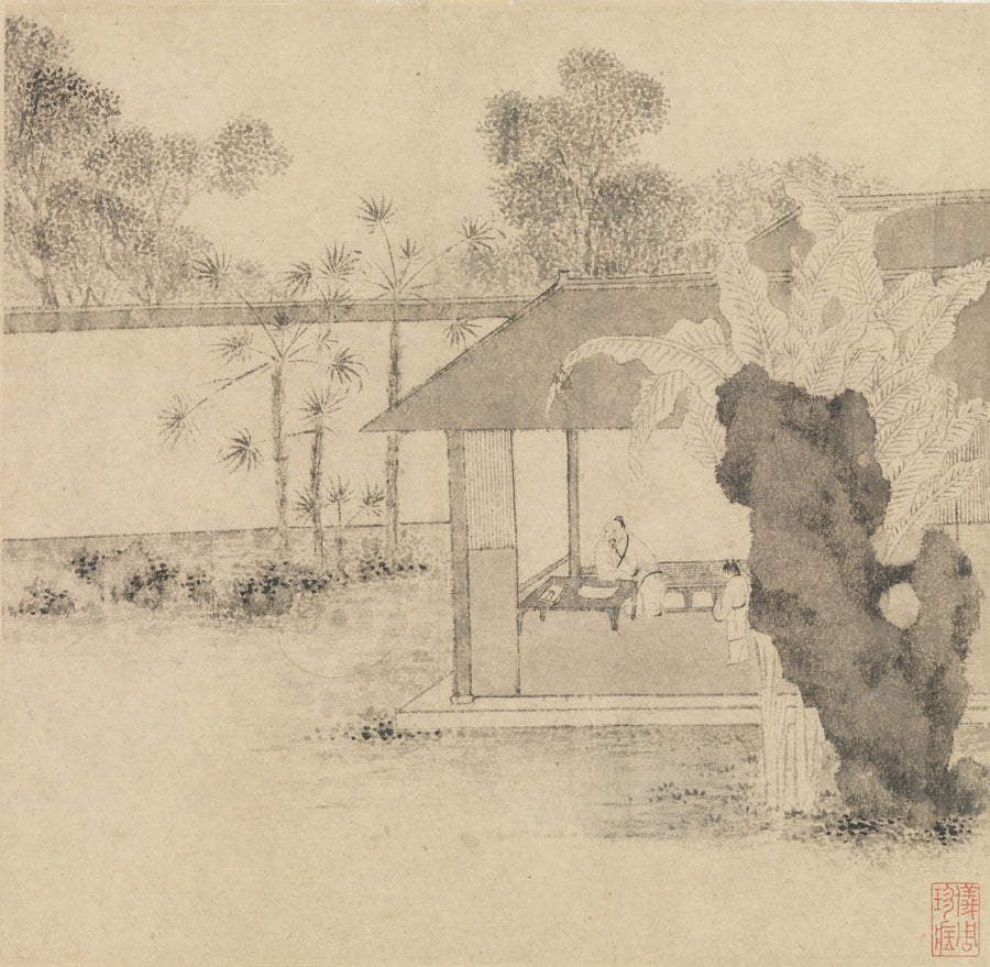Wen Zhengming — Garden of the Inept Administrator (Album Leaf) | Chinese Ink Painting Art Print shown to scale on a wall above a sofa
