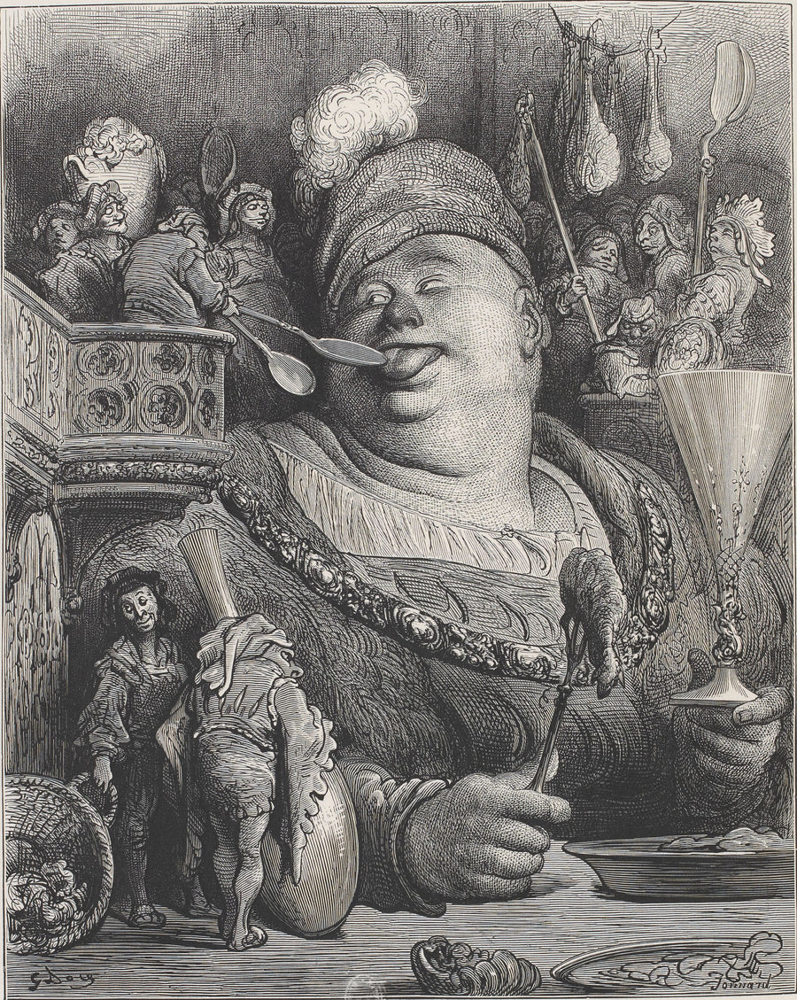 Gustave Doré — Gargantua Fed Mustard by the Shovelful | Wood Engraving Print shown to scale on a wall above a sofa