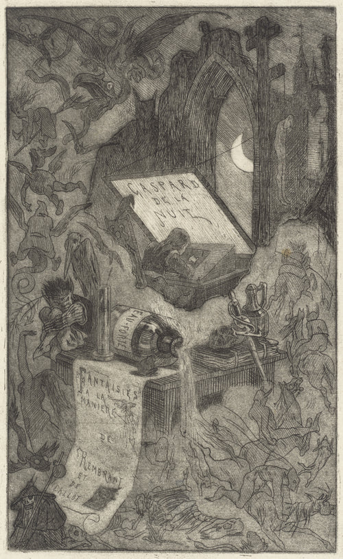 Gaspard de la Nuit by Félicien Rops — Demons swarm a figure at a desk under a crescent moon