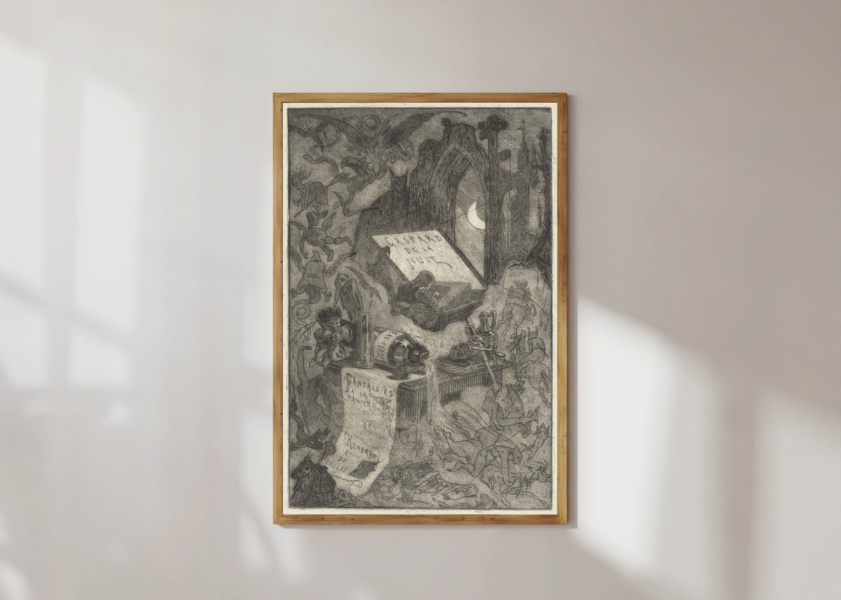 Framed art print of Gaspard de la Nuit by Félicien Rops, in a light wood frame on a sunlit white wall