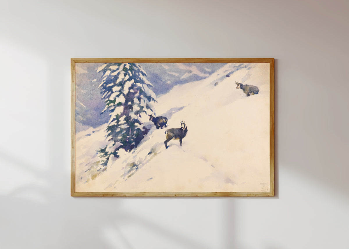 Framed art print of Gemsen im Schnee by Ludwig Hohlwein, in a light wood frame on a sunlit white wall
