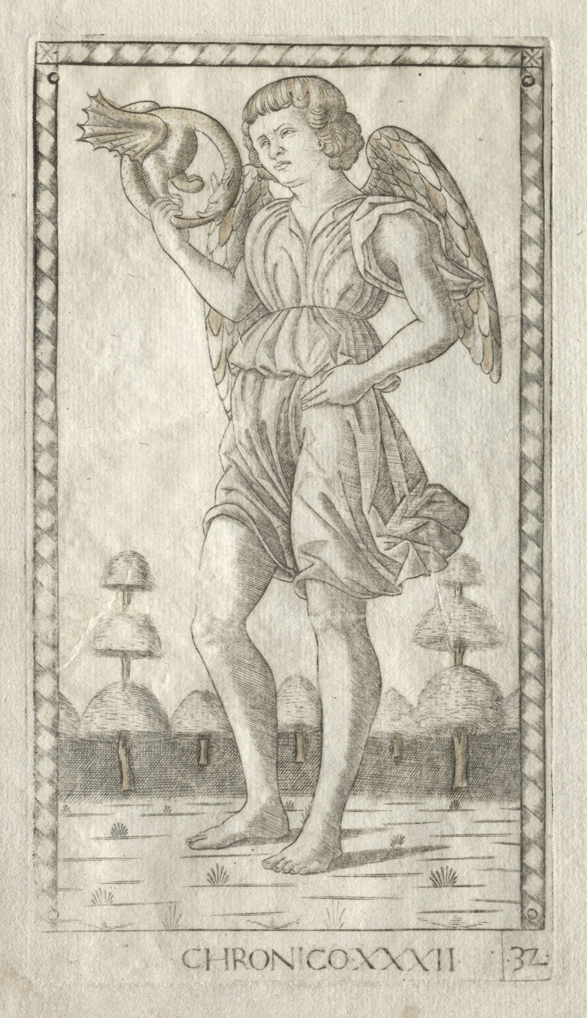 Genius of Time (from the Tarocchi, Series B: Cosmic Principles & Virtues, no. 32) by Master of the E-Series Tarocchi — A winged youth holds aloft a dragon