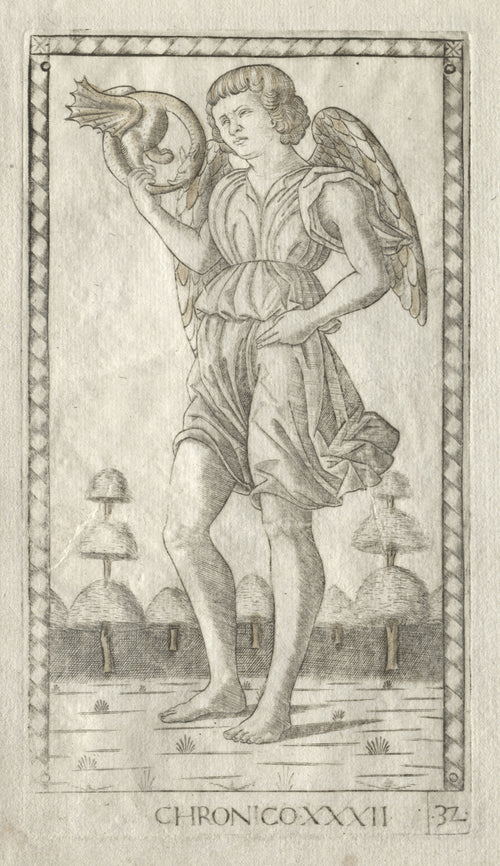 Genius of Time (from the Tarocchi, Series B: Cosmic Principles & Virtues, no. 32) by Master of the E-Series Tarocchi — A winged youth holds aloft a dragon