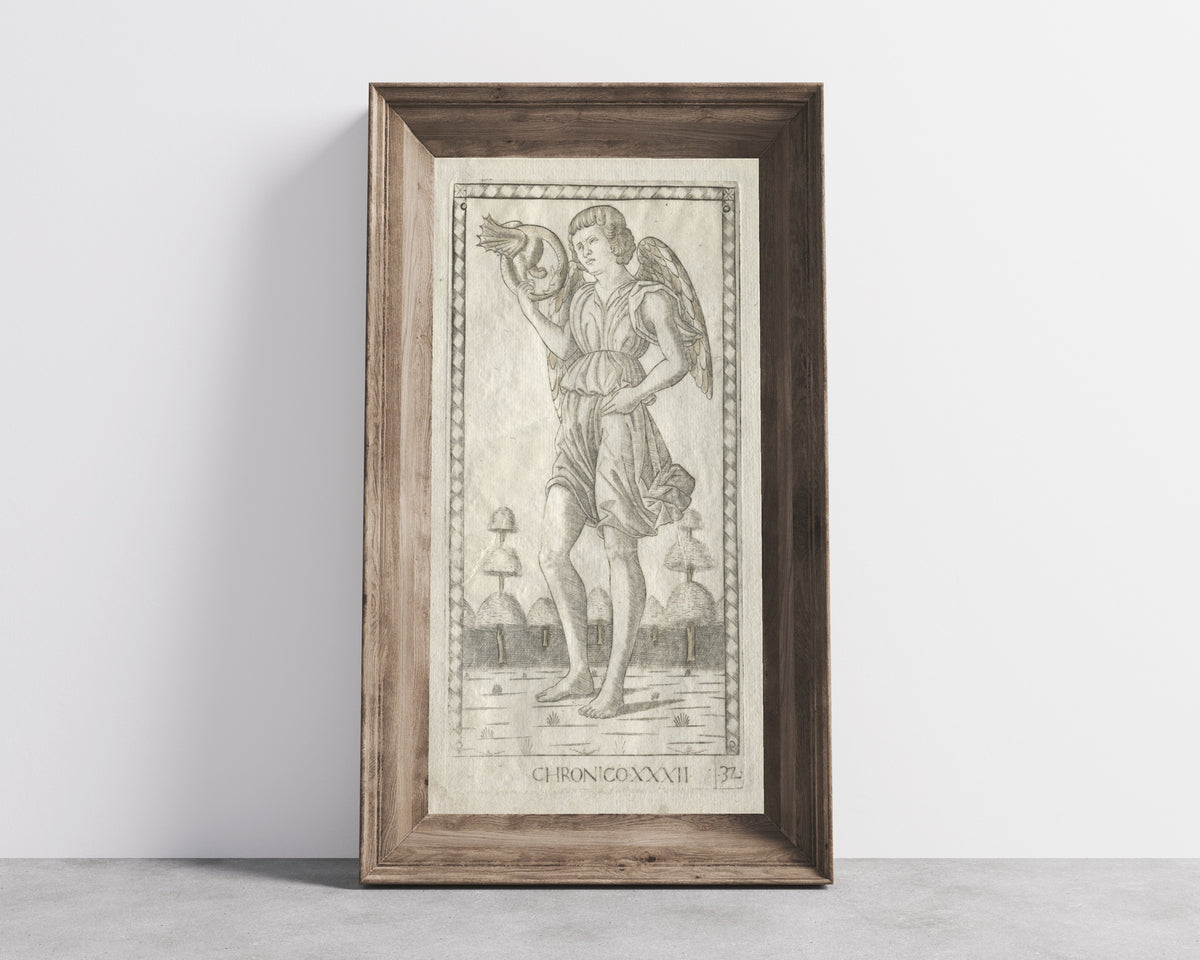 Framed art print of Genius of Time (from the Tarocchi, Series B… by Master of the E-Series Tarocchi, in a wide wooden frame leaning against a concrete wall
