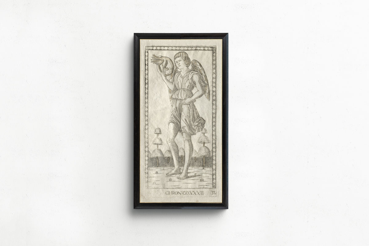 Framed art print of Genius of Time (from the Tarocchi, Series B: Cosmic… by Master of the E-Series Tarocchi, in a slim black frame on a plain white wall