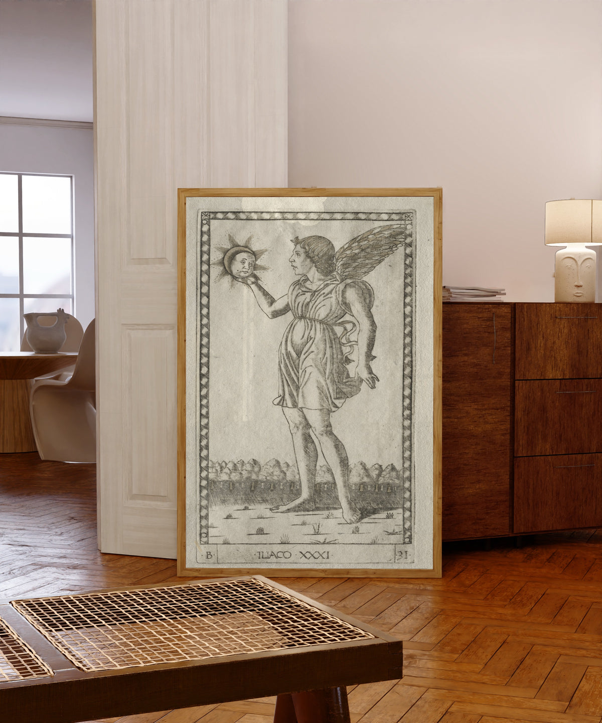 Framed art print of Genius of the Sun (from the… by Master of the E-Series Tarocchi, in a light wood frame leaning in a warm room with a parquet floor