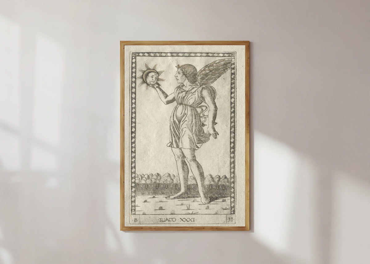 Framed art print of Genius of the Sun (from the Tarocchi, Series B: Cosmic… by Master of the E-Series Tarocchi, in a light wood frame on a sunlit white wall
