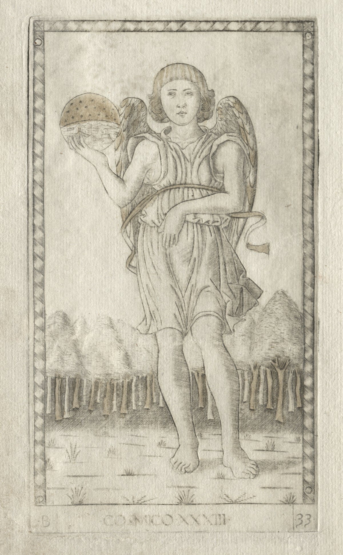 Genius of the World (from the Tarocchi, Series B: Cosmic Principles & Virtues, no. 33) by Master of the E-Series Tarocchi — A winged youth holds up a starry