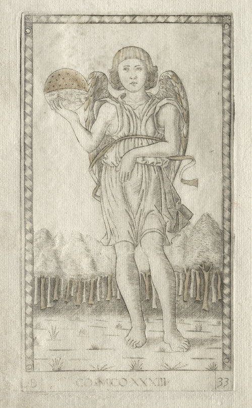 Genius of the World (from the Tarocchi, Series B: Cosmic Principles & Virtues, no. 33) by Master of the E-Series Tarocchi — A winged youth holds up a starry