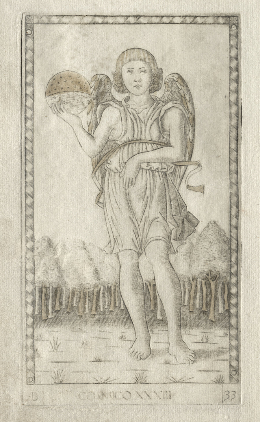 Master of the E-Series Tarocchi — Genius of the World (from the Tarocchi, Series B: Cosmic Principles & Virtues, no. 33) | Esoteric Art Print shown to scale on a wall above a sofa