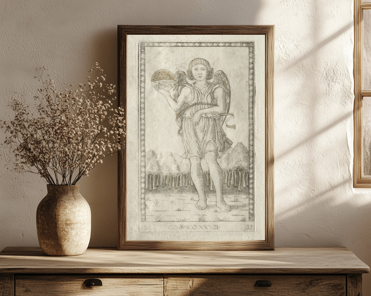 Framed art print of Genius of the World (from the… by Master of the E-Series Tarocchi, in a dark wood frame leaning on a rustic console beside dried flowers