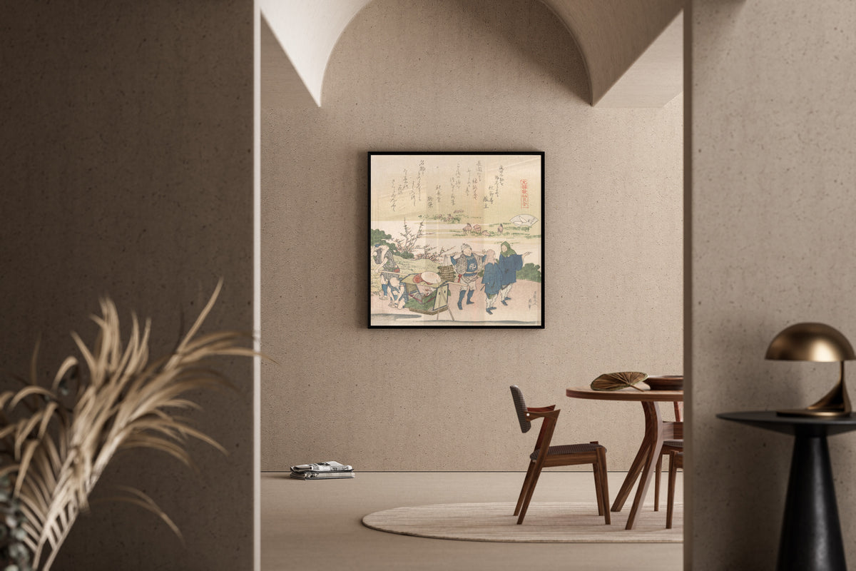 Framed art print of Genroku Poetry Shell Games: Cherry Shell by Katsushika Hokusai, in a sunlit dining corner