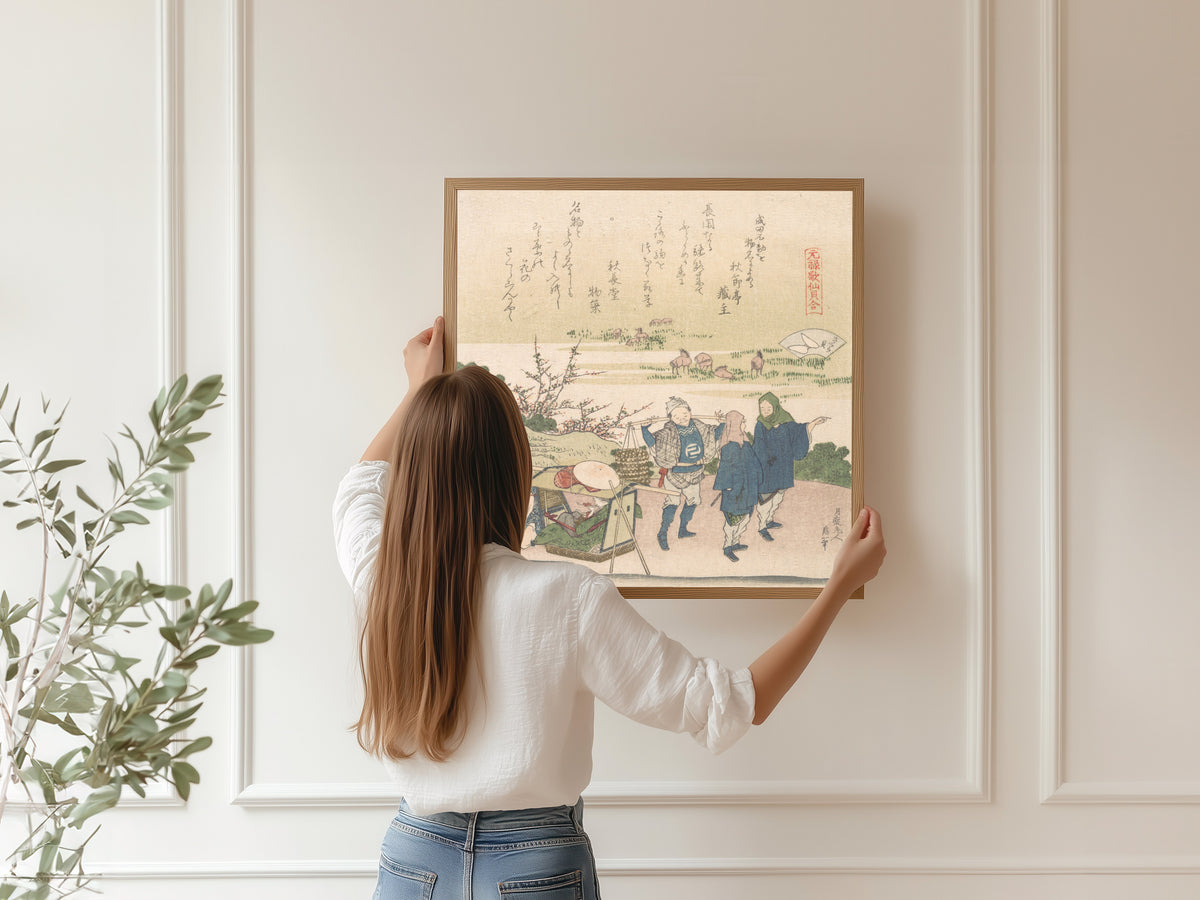 Framed art print of Genroku Poetry Shell Games: Cherry Shell by Katsushika Hokusai, hung on a panelled wall