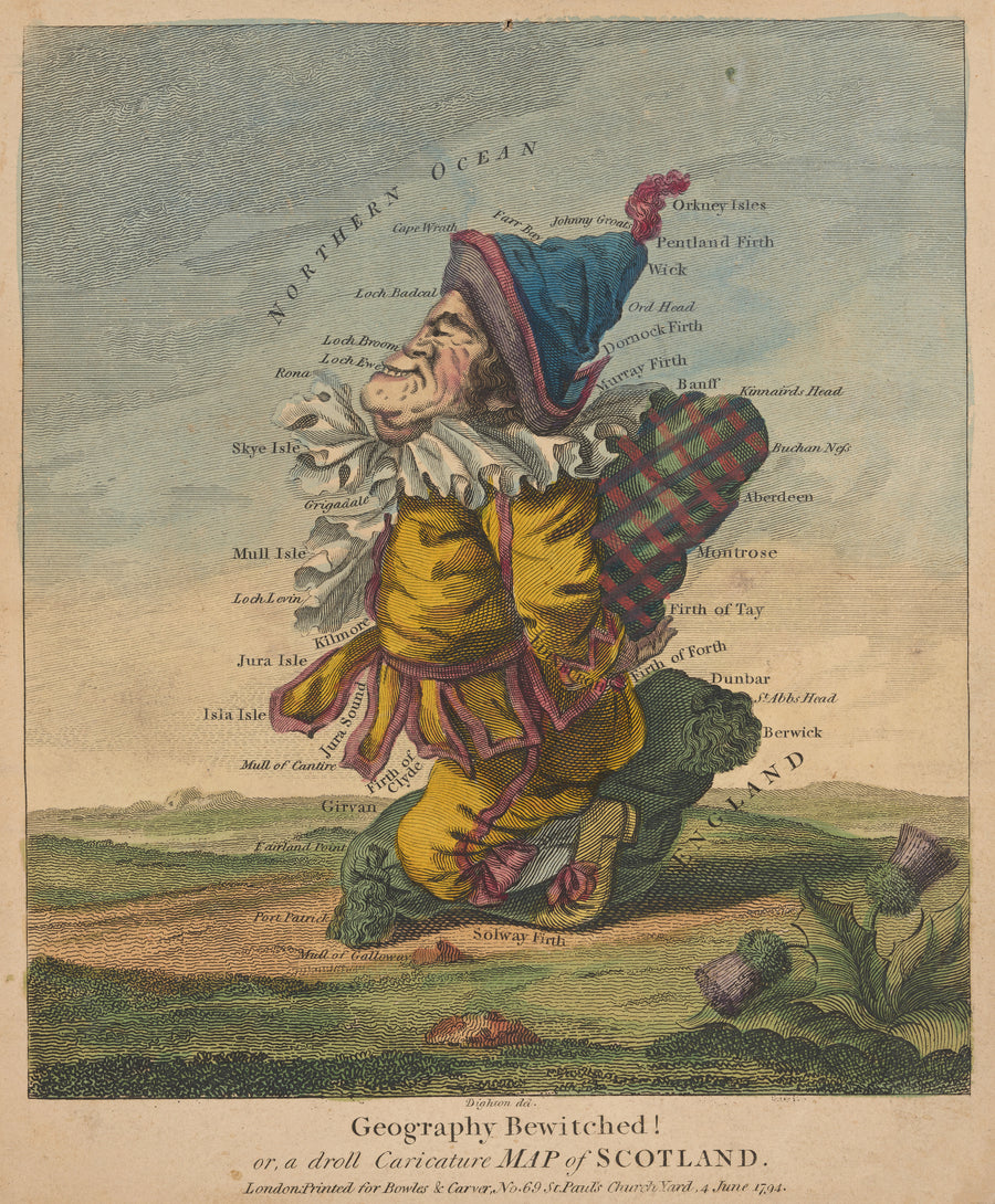 Robert Dighton — Geography Bewitched! Or, a Droll Caricature Map of Scotland | Hand-Coloured Caricature Map Print shown to scale on a wall above a sofa