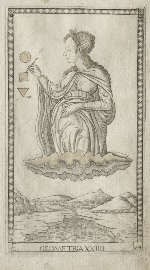 Geometry (from the Tarocchi, Series C: Liberal Arts, no. 24) by Master of the E-Series Tarocchi — Geometry draws a square beside a circle and triangle above a