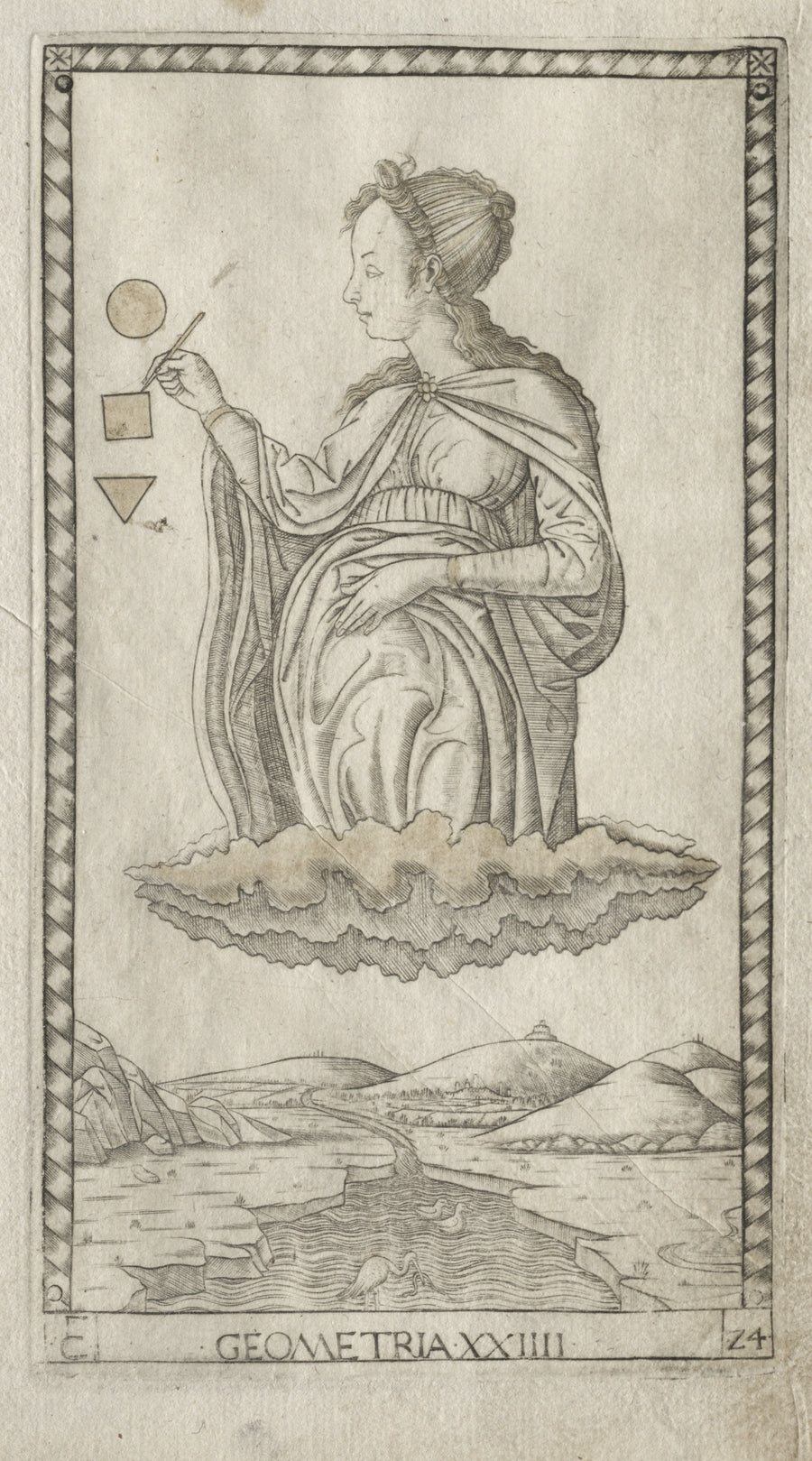 Master of the E-Series Tarocchi — Geometry (from the Tarocchi, Series C: Liberal Arts, no. 24) | Esoteric Art Print shown to scale on a wall above a sofa