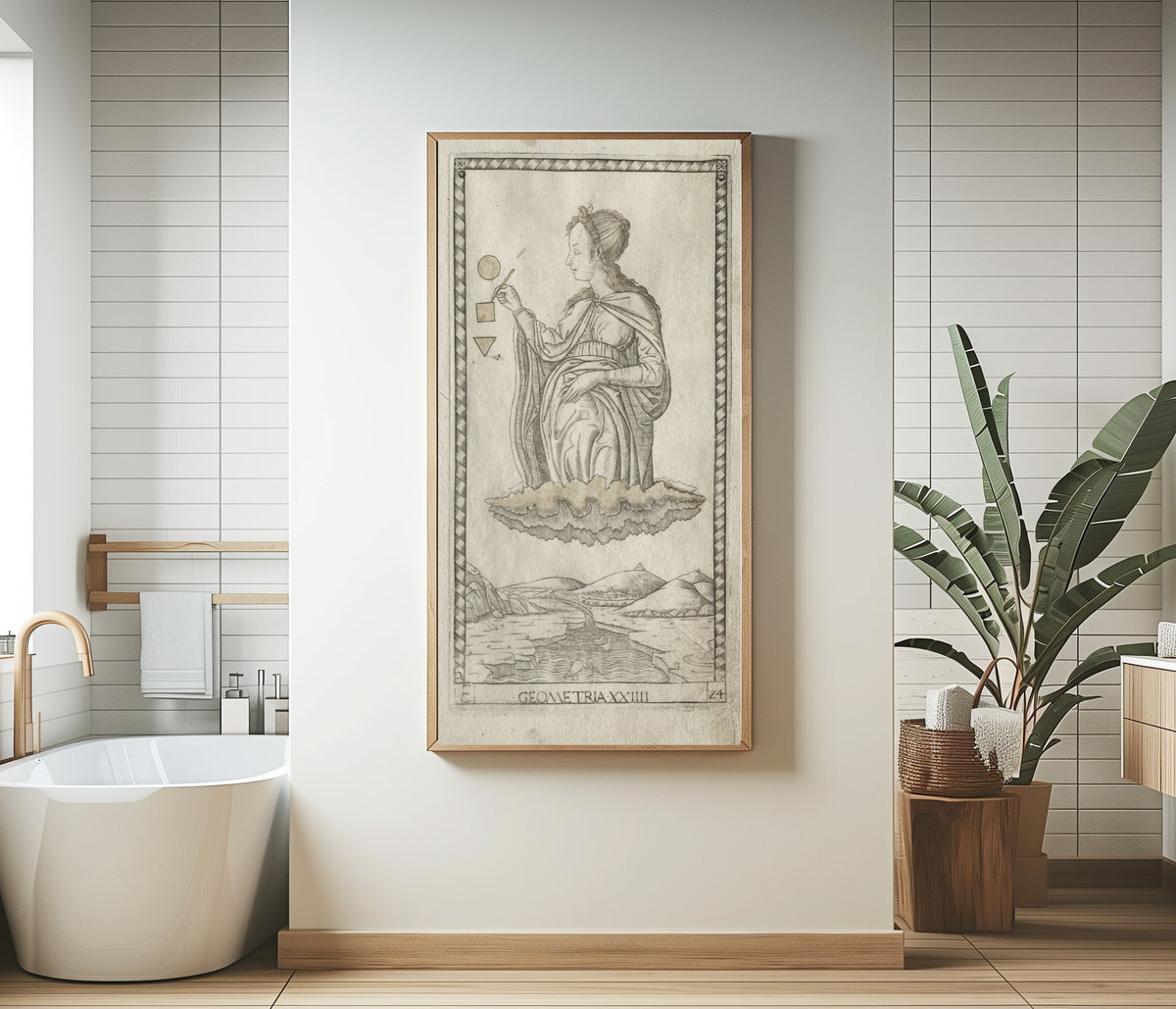 Framed art print of Geometry (from the Tarocchi, Series C: Liberal Arts, no. 24) by Master of the E-Series Tarocchi, in a bathroom beside a freestanding tub