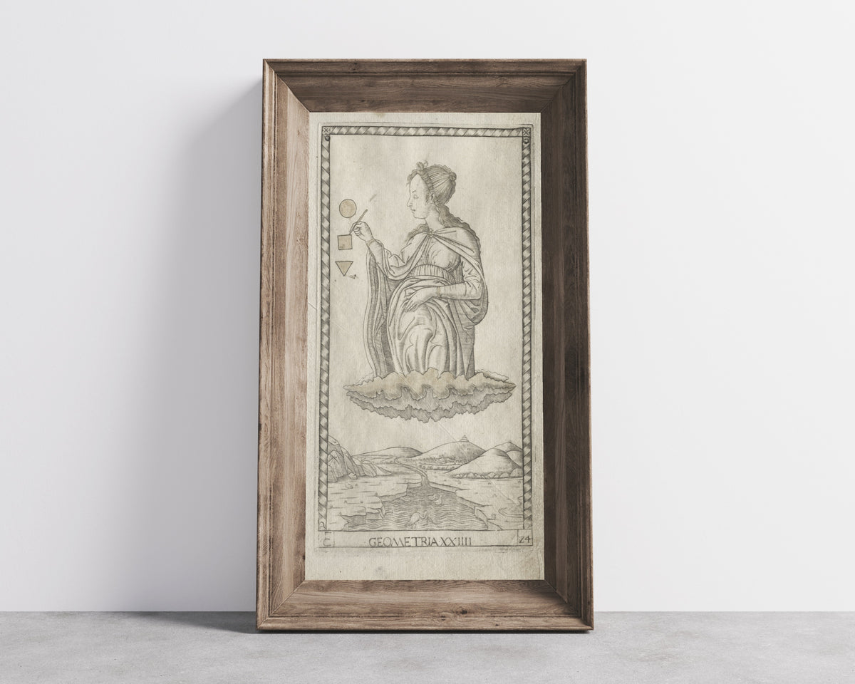 Framed art print of Geometry (from the Tarocchi, Series C: Liberal… by Master of the E-Series Tarocchi, in a wide wooden frame leaning against a concrete wall