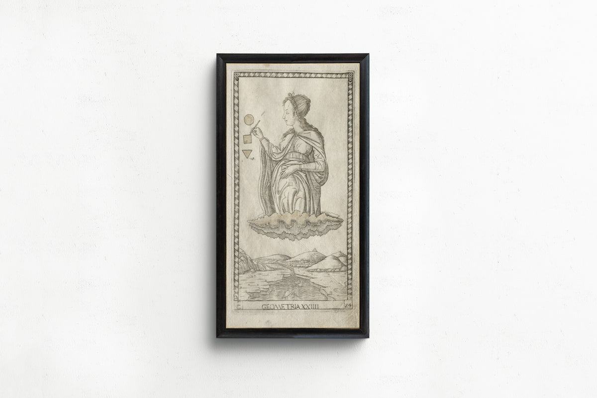 Framed art print of Geometry (from the Tarocchi, Series C: Liberal Arts, no. 24) by Master of the E-Series Tarocchi, in a slim black frame on a plain white wall